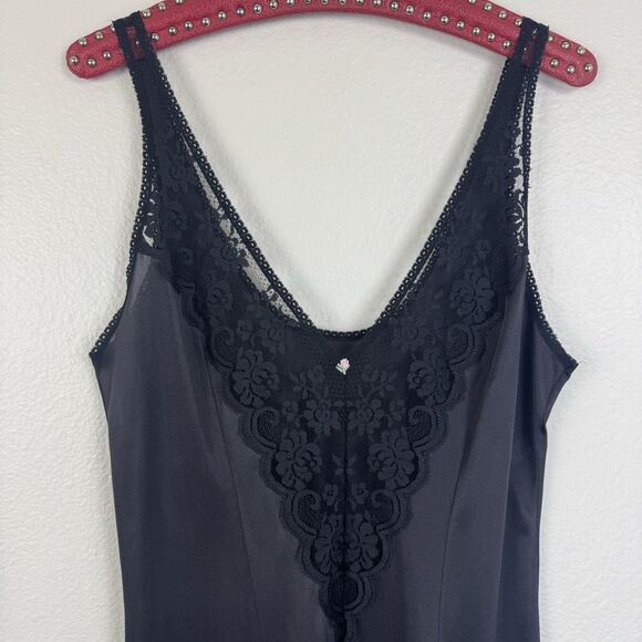 Vintage 1960s JCPenney Fantasia Satin Lace Midi Slip Dress Chemise Black 38 M - Picture 3 of 15